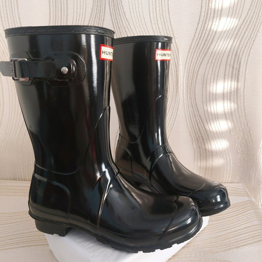 Hunter Classic Short Gloss Rain Boots Black 8 Mid Calf Shiny Like New - Picture 2 of 9
